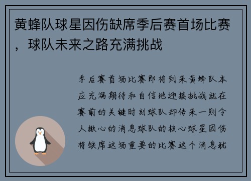 黄蜂队球星因伤缺席季后赛首场比赛，球队未来之路充满挑战